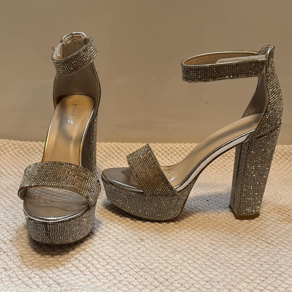BAMBOO Silver Rhinestone Sparkly High Platform Heeled Sandals 8
